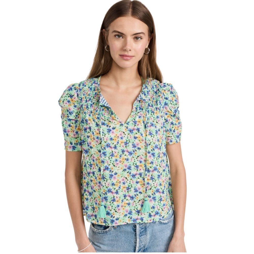 Shoshanna Kira Top in Spring Green Multi Floral with Smocking, Size Small. NWT!